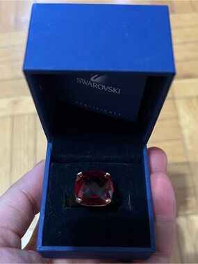 Swarovski Deep Red Cushion Crystal Ring with Gold-Tone Prongs